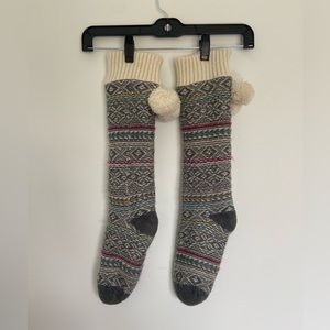Indigo Patterned Reading Socks with Pom Poms